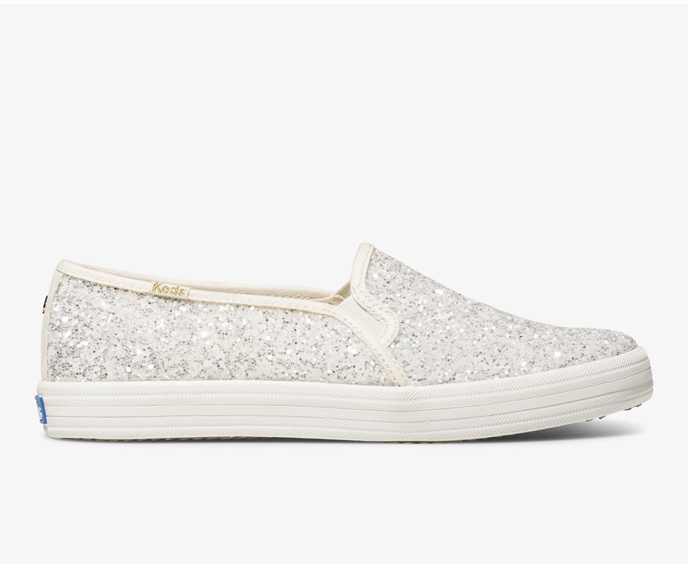 Keds Womens Slip Ons White - Kate Spade new york Double Decker Glitter - 015VGUCIT